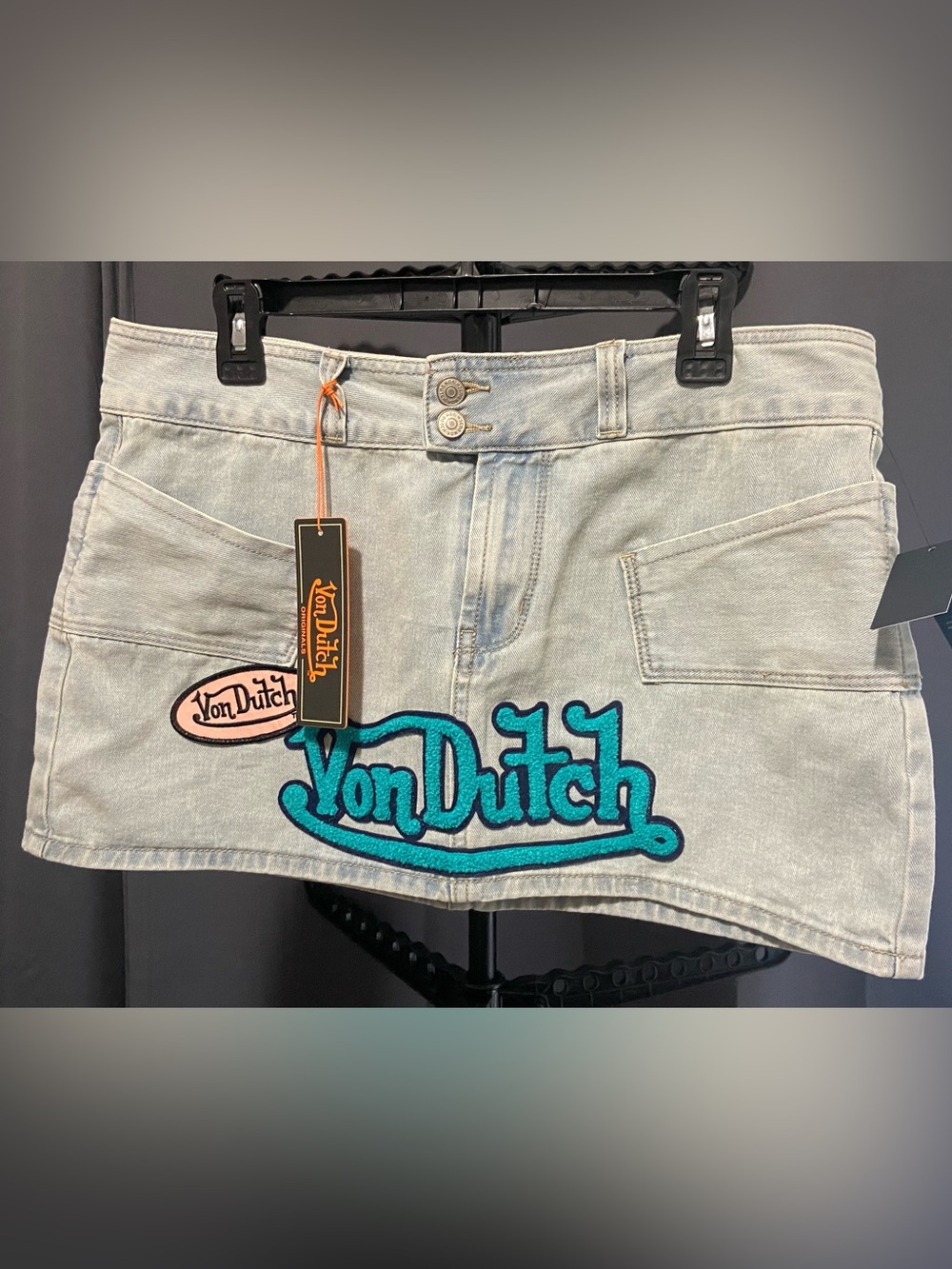 Von Dutch Light Blue Denim Mini Skirt with Turquoise Logo Patch